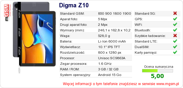 Dane telefonu Digma Z10 Dane telefonu Digma Z10
