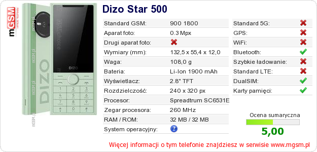 Dane telefonu Dizo Star 500