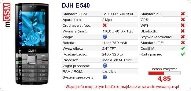 Dane telefonu DJH E540 Dane telefonu DJH E540