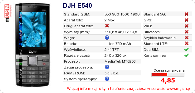 Dane telefonu DJH E540