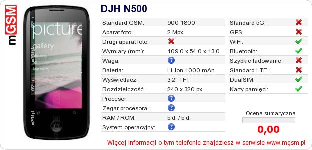 Dane telefonu DJH N500