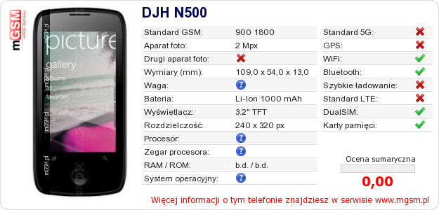 Dane telefonu DJH N500