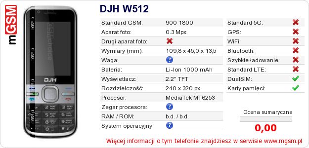 Dane telefonu DJH W512