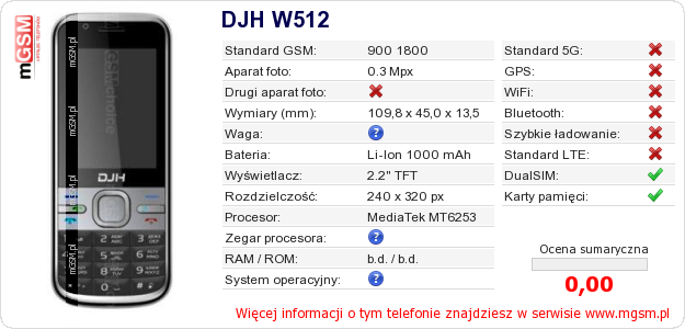 Dane telefonu DJH W512