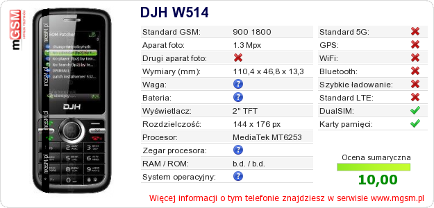 Dane telefonu DJH W514 Dane telefonu DJH W514