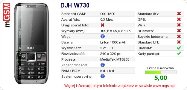 Dane telefonu DJH W730 Dane telefonu DJH W730