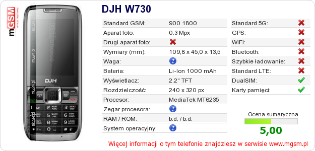 Dane telefonu DJH W730 Dane telefonu DJH W730