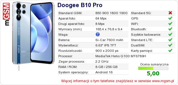 Dane telefonu Doogee B10 Pro Dane telefonu Doogee B10 Pro