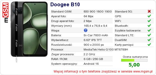 Dane telefonu Doogee B10