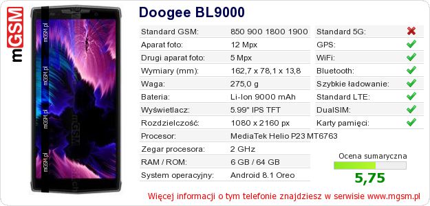 Dane telefonu Doogee BL9000 Dane telefonu Doogee BL9000