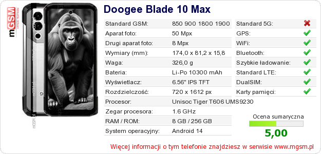 Dane telefonu Doogee Blade 10 Max