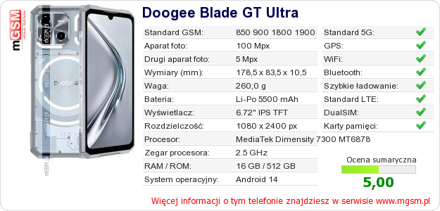 Dane telefonu Doogee Blade GT Ultra