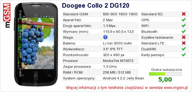 Dane telefonu Doogee Collo 2 DG120 Dane telefonu Doogee Collo 2 DG120