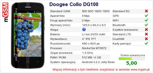 Dane telefonu Doogee Collo DG100 Dane telefonu Doogee Collo DG100