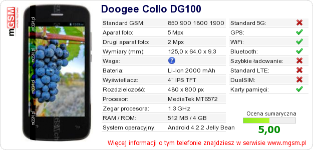 Dane telefonu Doogee Collo DG100 Dane telefonu Doogee Collo DG100
