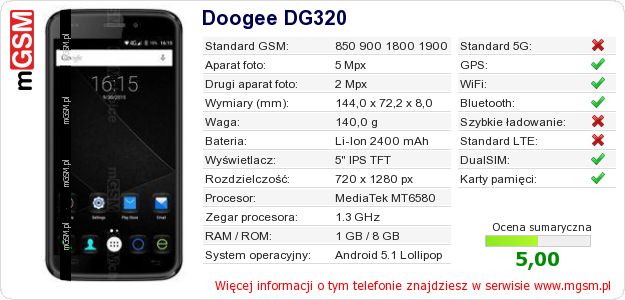Dane telefonu Doogee DG320 Dane telefonu Doogee DG320