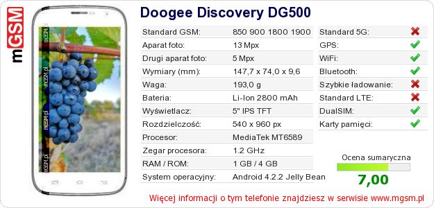 Dane telefonu Doogee Discovery DG500