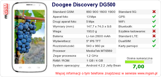 Dane telefonu Doogee Discovery DG500