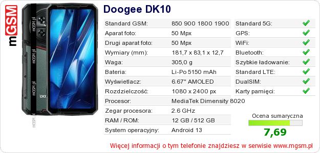 Dane telefonu Doogee DK10 Dane telefonu Doogee DK10