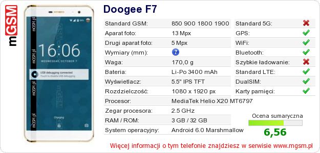 Dane telefonu Doogee F7 Dane telefonu Doogee F7