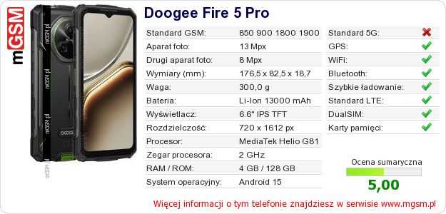 Dane telefonu Doogee Fire 5 Pro Dane telefonu Doogee Fire 5 Pro