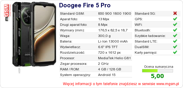 Dane telefonu Doogee Fire 5 Pro Dane telefonu Doogee Fire 5 Pro