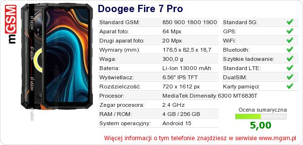 Dane telefonu Doogee Fire 7 Pro Dane telefonu Doogee Fire 7 Pro
