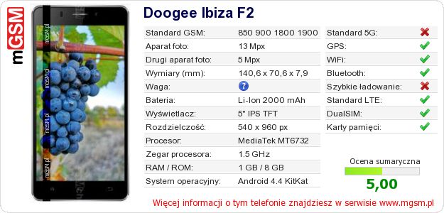 Dane telefonu Doogee Ibiza F2