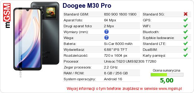 Dane telefonu Doogee M30 Pro Dane telefonu Doogee M30 Pro