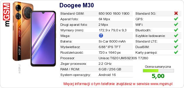 Dane telefonu Doogee M30
