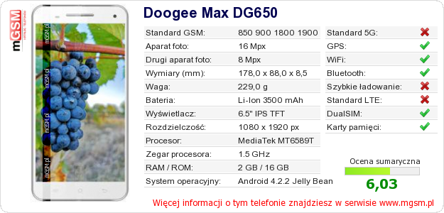 Dane telefonu Doogee Max DG650