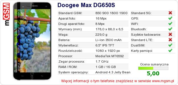 Dane telefonu Doogee Max DG650S