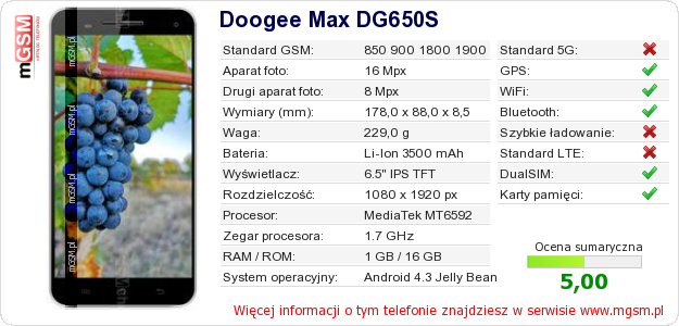 Dane telefonu Doogee Max DG650S