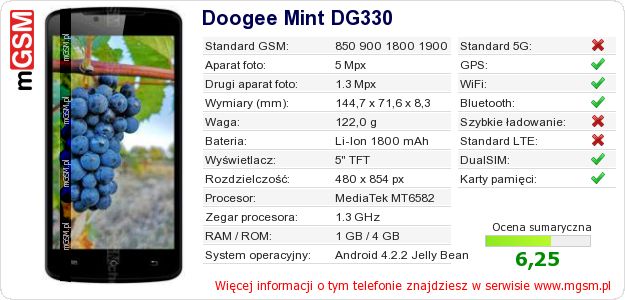 Dane telefonu Doogee Mint DG330 Dane telefonu Doogee Mint DG330