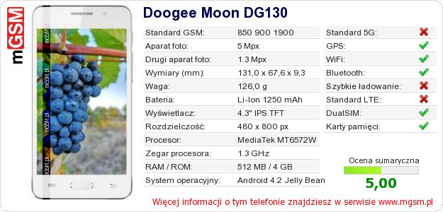 Dane telefonu Doogee Moon DG130