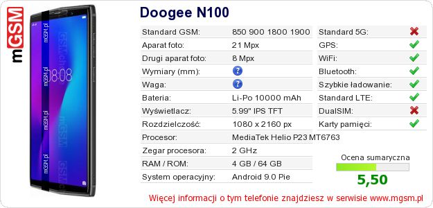 Dane telefonu Doogee N100