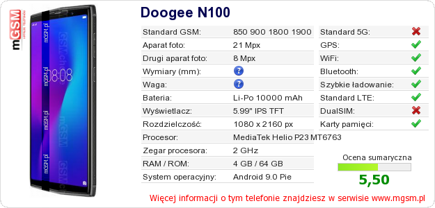 Dane telefonu Doogee N100 Dane telefonu Doogee N100