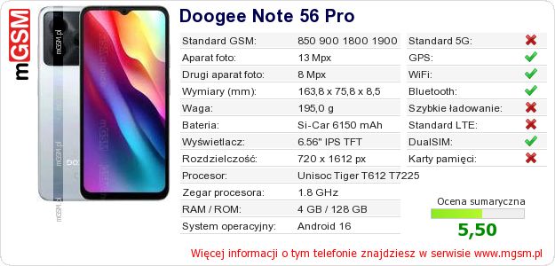 Dane telefonu Doogee Note 56 Pro