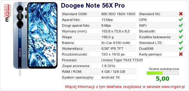 Dane telefonu Doogee Note 56X Pro Dane telefonu Doogee Note 56X Pro