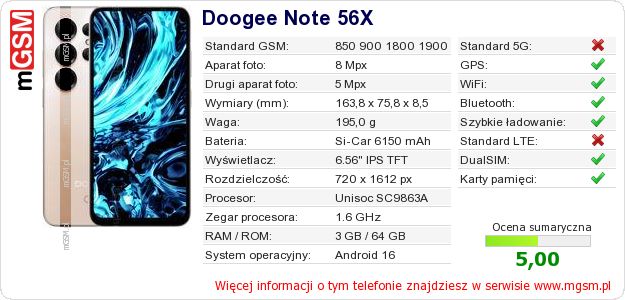 Dane telefonu Doogee Note 56X