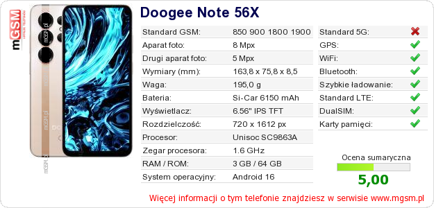 Dane telefonu Doogee Note 56X