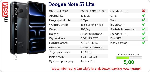 Dane telefonu Doogee Note 57 Lite Dane telefonu Doogee Note 57 Lite
