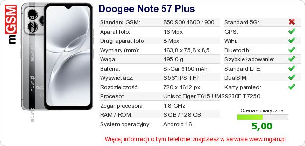Dane telefonu Doogee Note 57 Plus