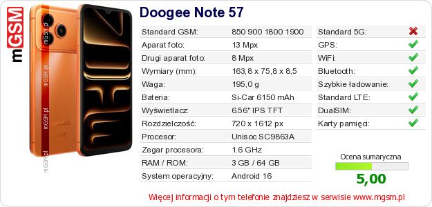 Dane telefonu Doogee Note 57 Dane telefonu Doogee Note 57