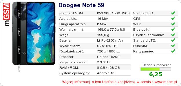 Dane telefonu Doogee Note 59 Dane telefonu Doogee Note 59