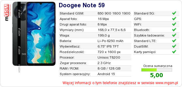 Dane telefonu Doogee Note 59