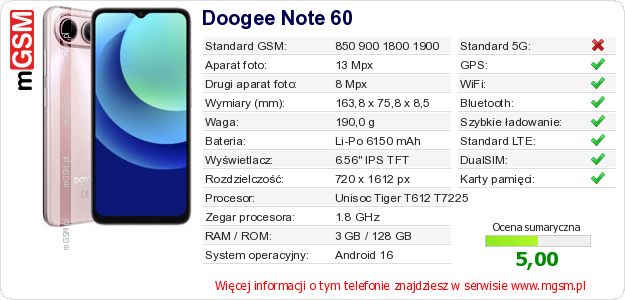 Dane telefonu Doogee Note 60 Dane telefonu Doogee Note 60