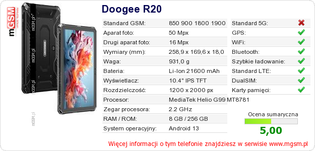 Dane telefonu Doogee R20 Dane telefonu Doogee R20