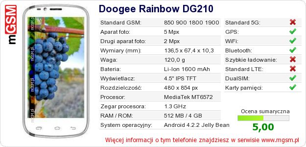 Dane telefonu Doogee Rainbow DG210 Dane telefonu Doogee Rainbow DG210