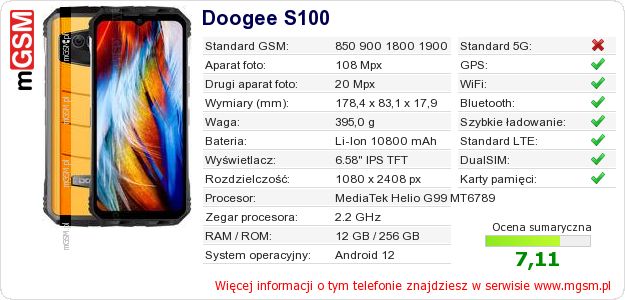 Dane telefonu Doogee S100